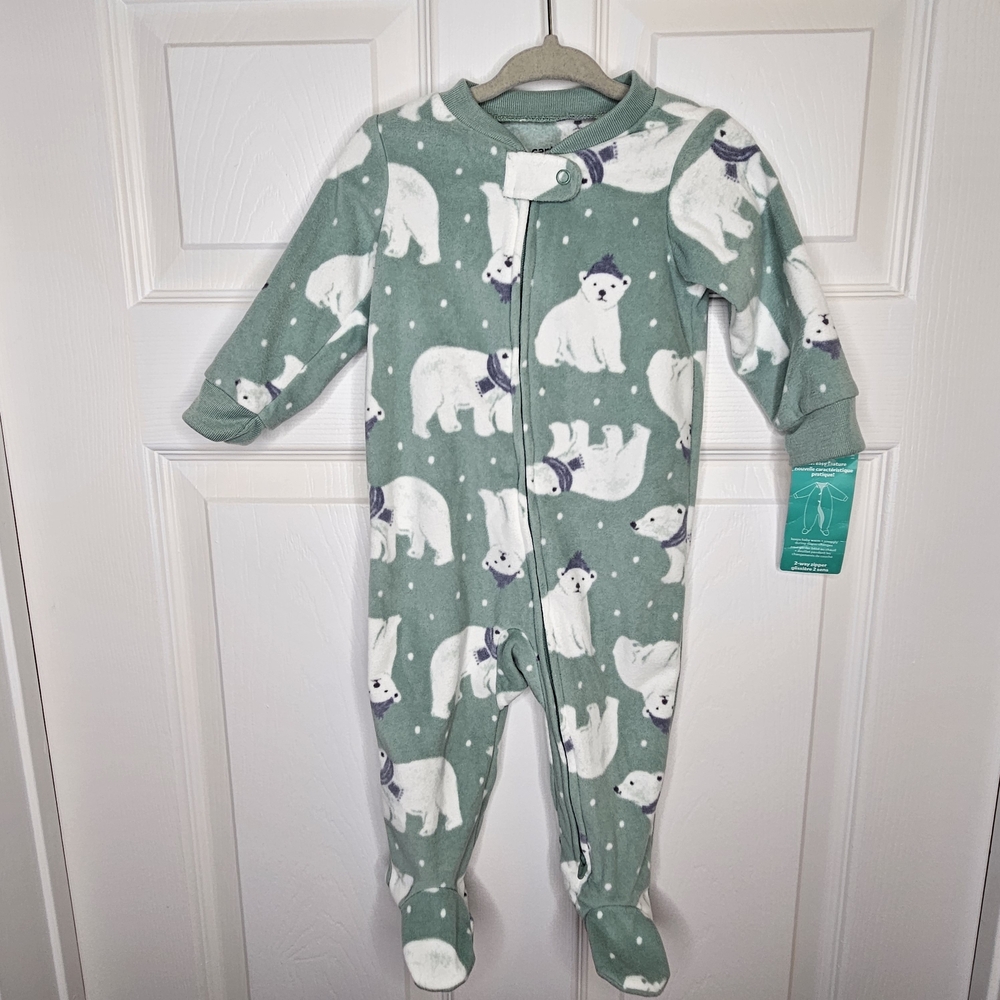 NWT Carter's Polar Bear Fleece Footie Pajamas 6-9M Green White Cozy